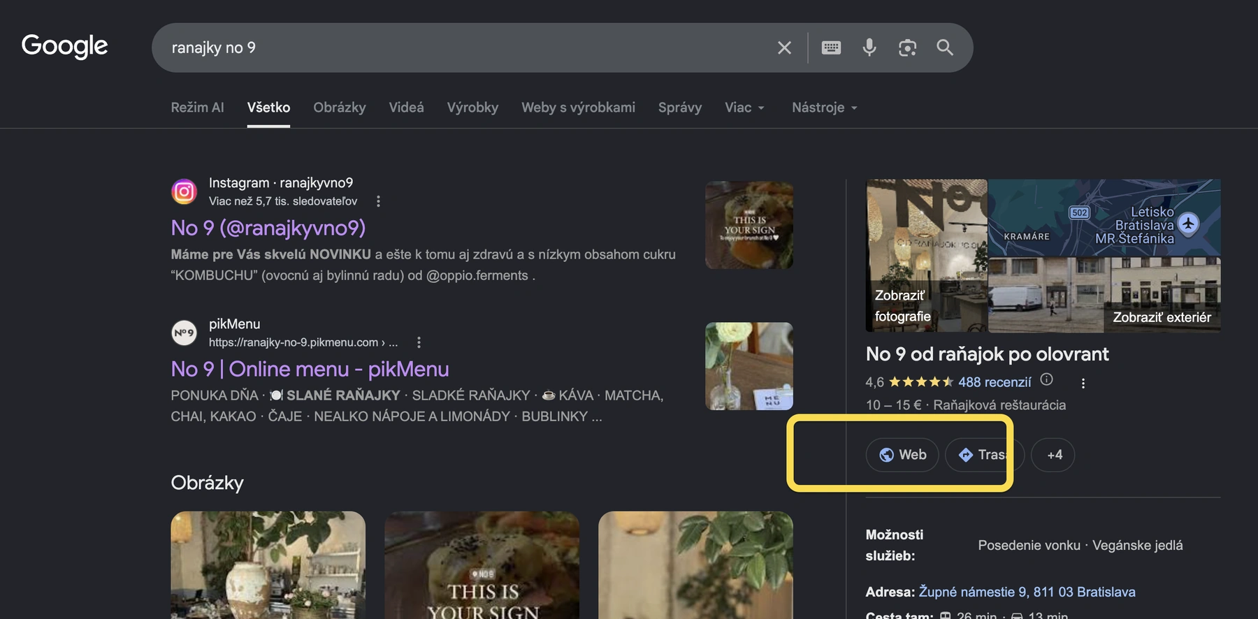 Google výsledok vyhľadávania Raňajky No 9 s online menu v pikMenu
