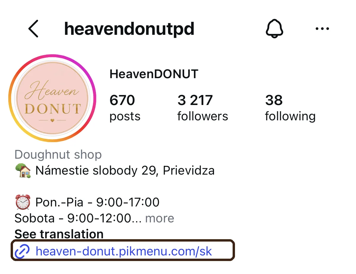Instagram profil Heaven Donut Prievidza s odkazom heaven-donut.pikmenu.com/sk v bio