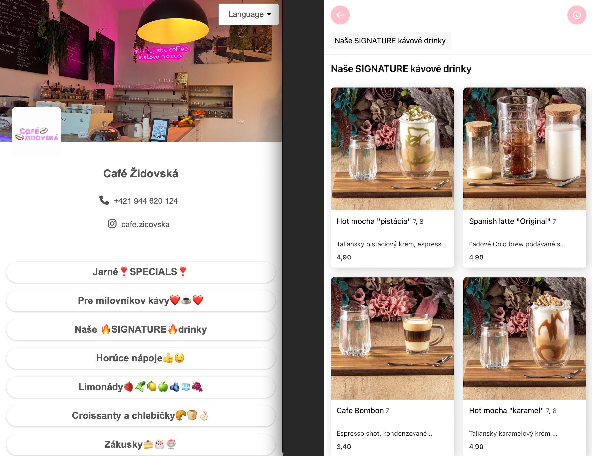 Skutočný obrázok nápojového lístka zobrazeného na mobile. ľavá časť je hlavné menu a pravá detaily rozklinutého nápojového lístka Nápojový lístok vzor - Zobrazené digitálne menu pikMenu s QR kódom s položkami nápojového lístka