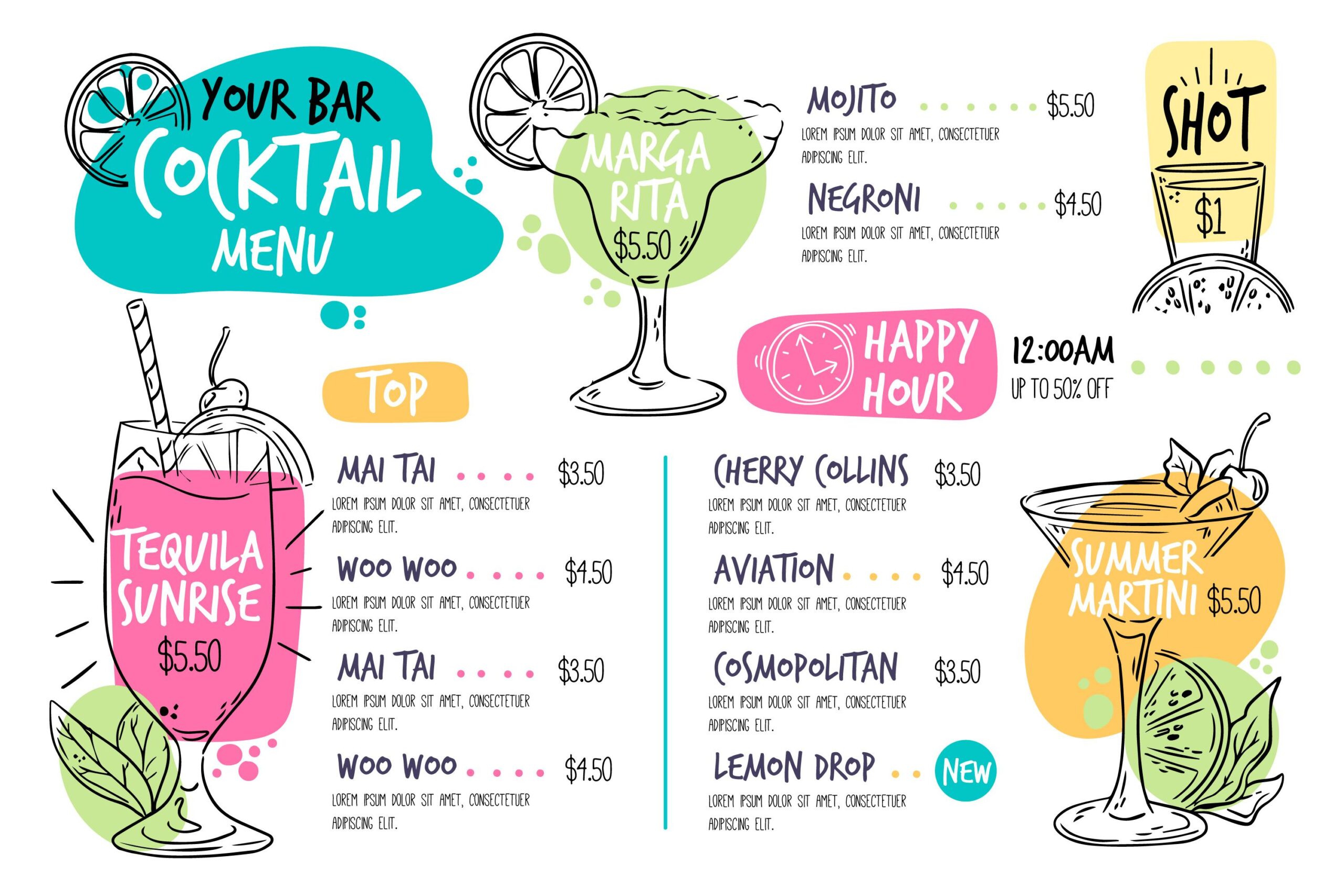Farebný ilustrovaný nápojový lístok s kokteilmi ako Tequila Sunrise, Margarita, Mojito a Summer Martini, vrátane cien a ponuky happy hour.