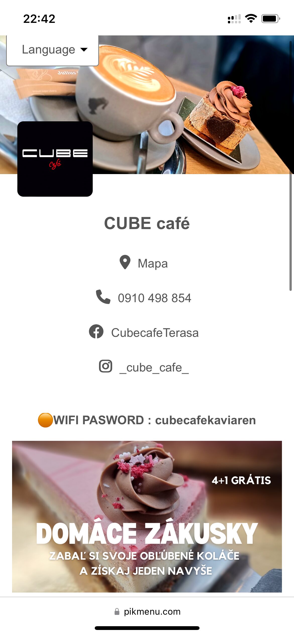 Prevádzka Cube Café - hlavný profil