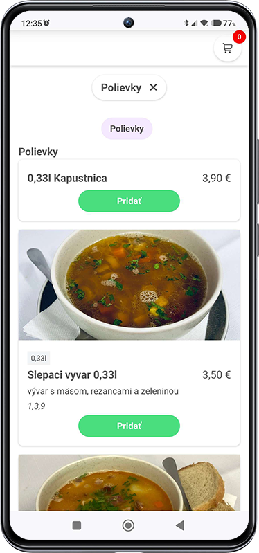 Výber polievky cez objednávkový systém pikMenu – Kapustnica a slepačí vývar