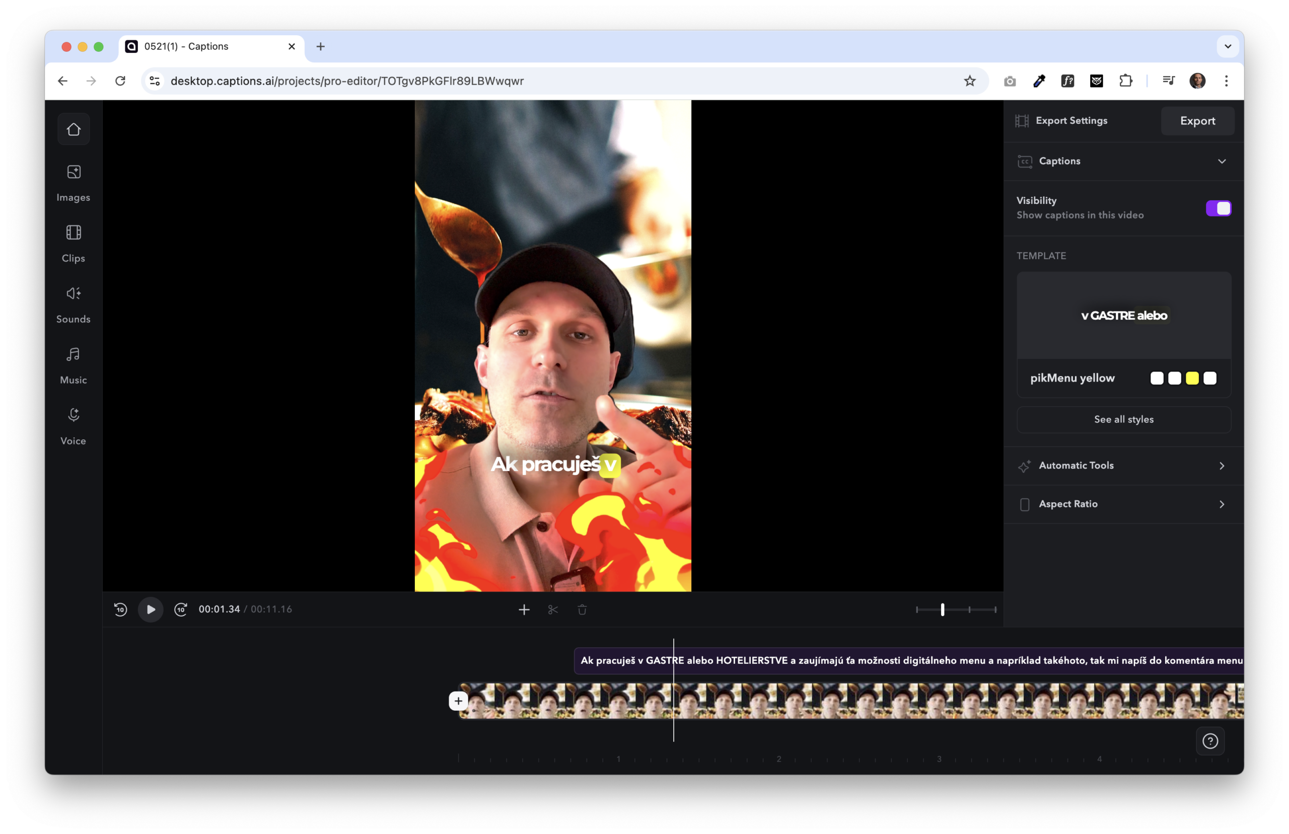 Captions AI editor s titulkovaným videom o digitálnom menu pre gastro sektor - vynikajúci marketingový nástroj pre reštaurácie