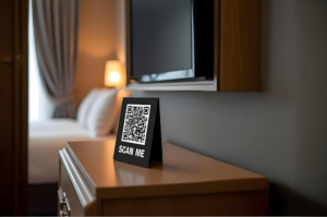 QR code stand on a hotel nightstand for guest services and room info