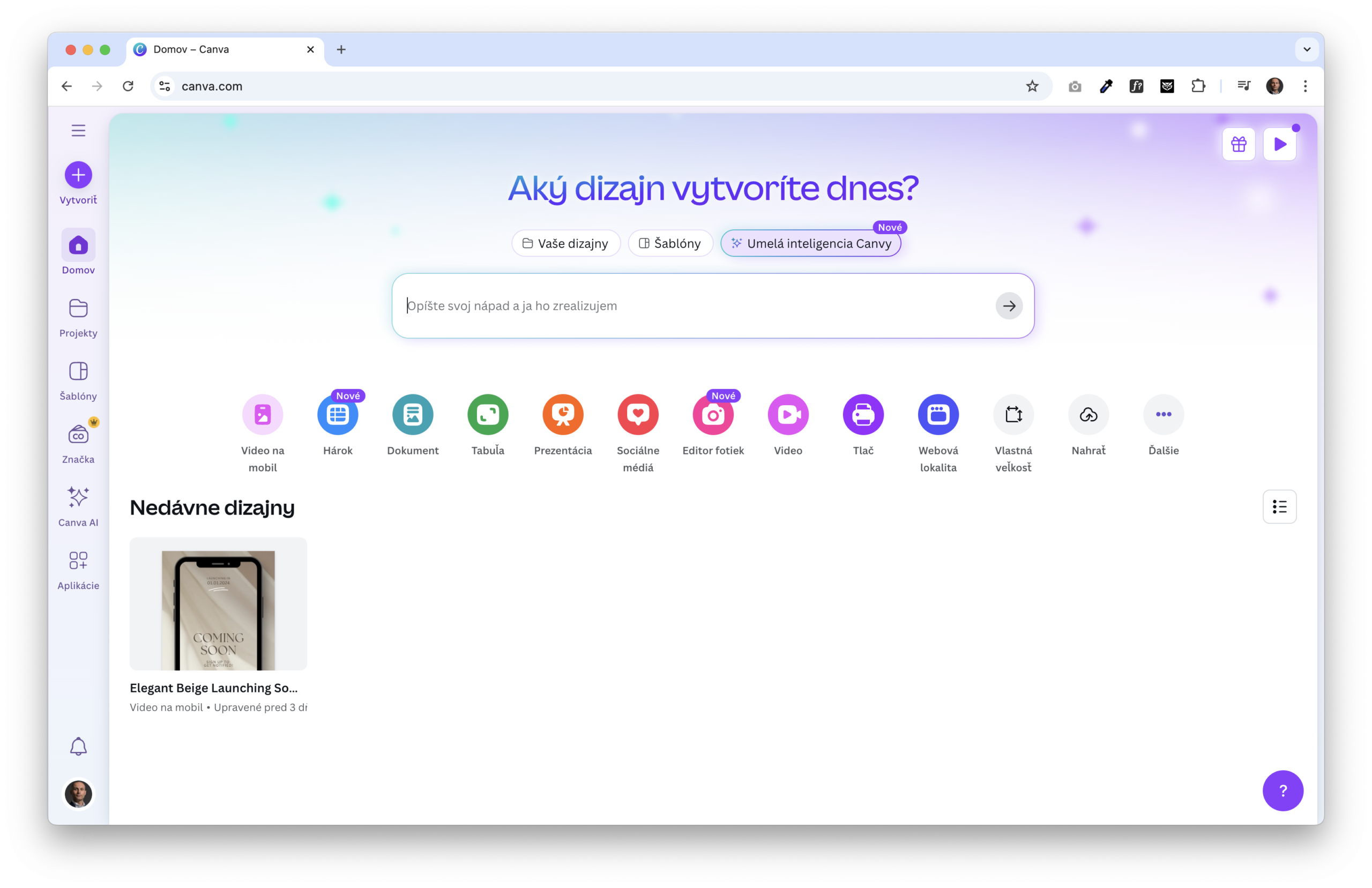 Úvodná obrazovka Canva s možnosťami výberu dizajnov