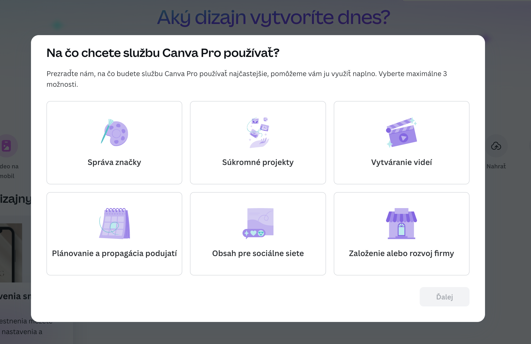 Canva obrazovka po inštalácii so zoznamom cieľov používania