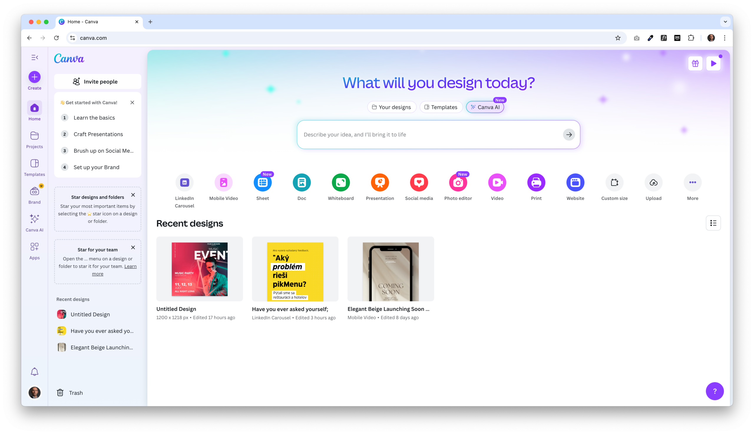 Canva dashboard showing LinkedIn Carousel and mobile video design templates — useful as marketing tools for restaurant branding and promotions.