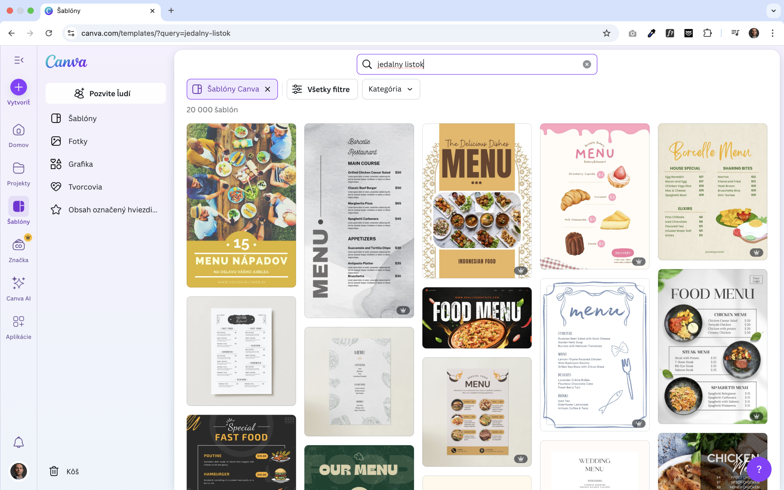 Canva zobrazuje šablóny jedálnych lístkov na výber