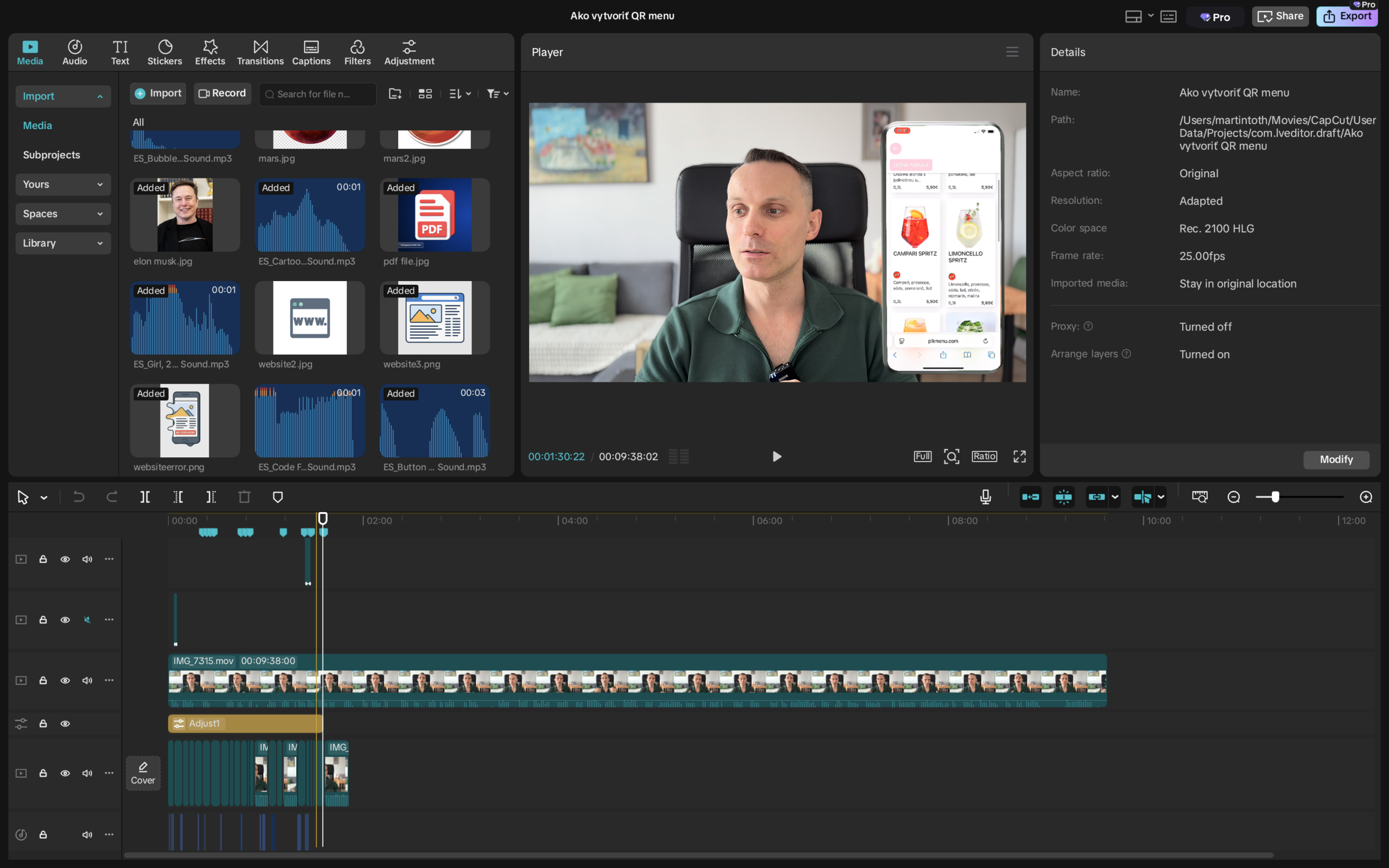 CapCut interface showing video editing timeline with a tutorial on how to create a QR menu