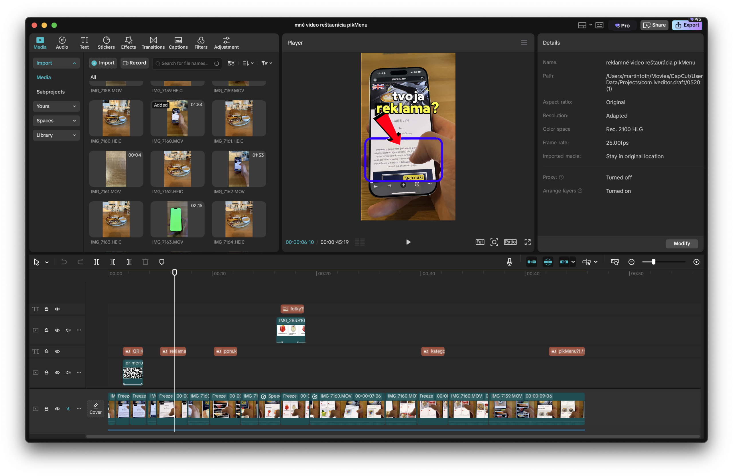 CapCut editor s reklamným videom pre QR menu PikMenu v reštaurácii