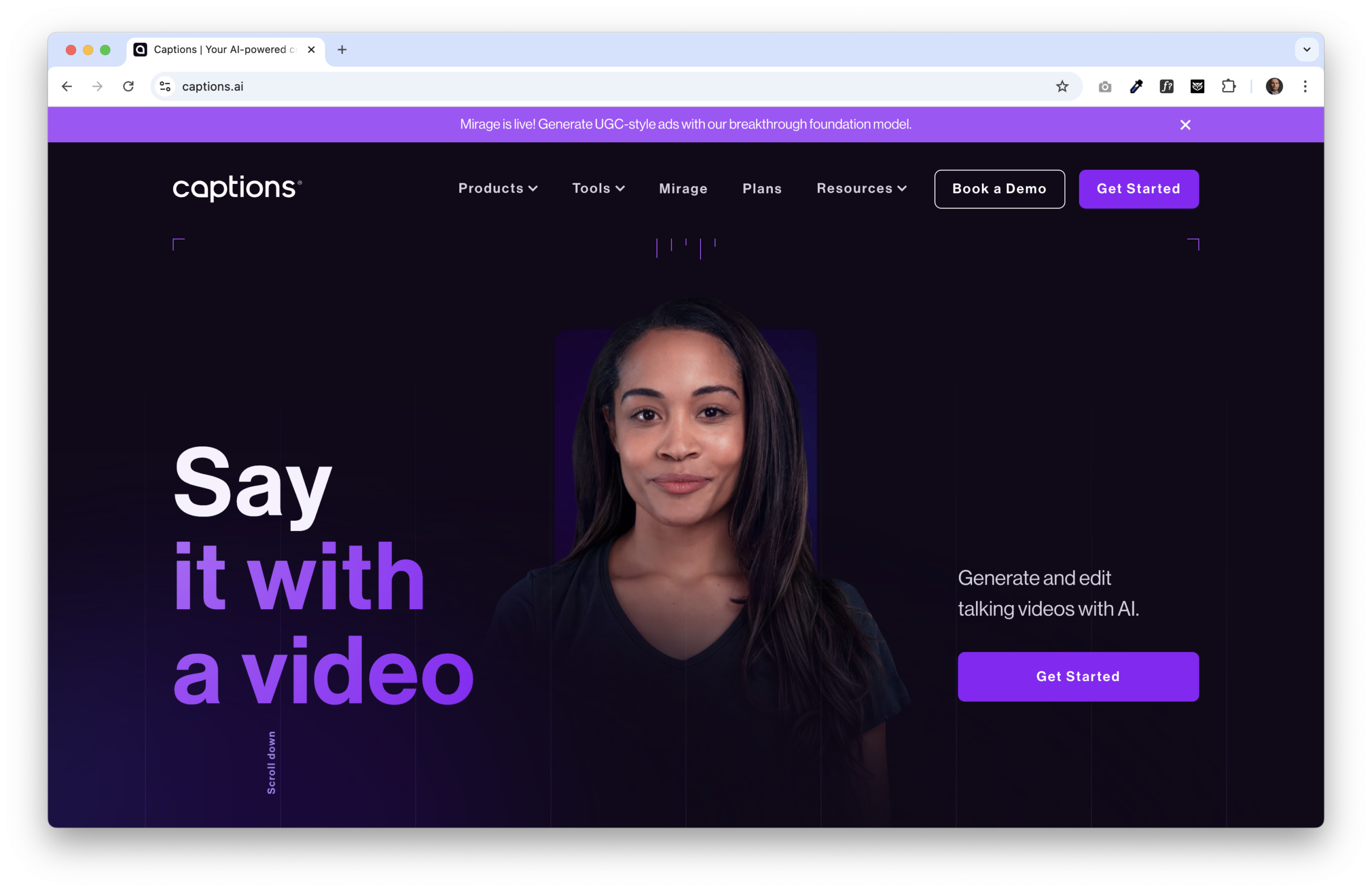 Captions AI homepage showing a woman and the tagline "Say it with a video" for generating AI talking videos