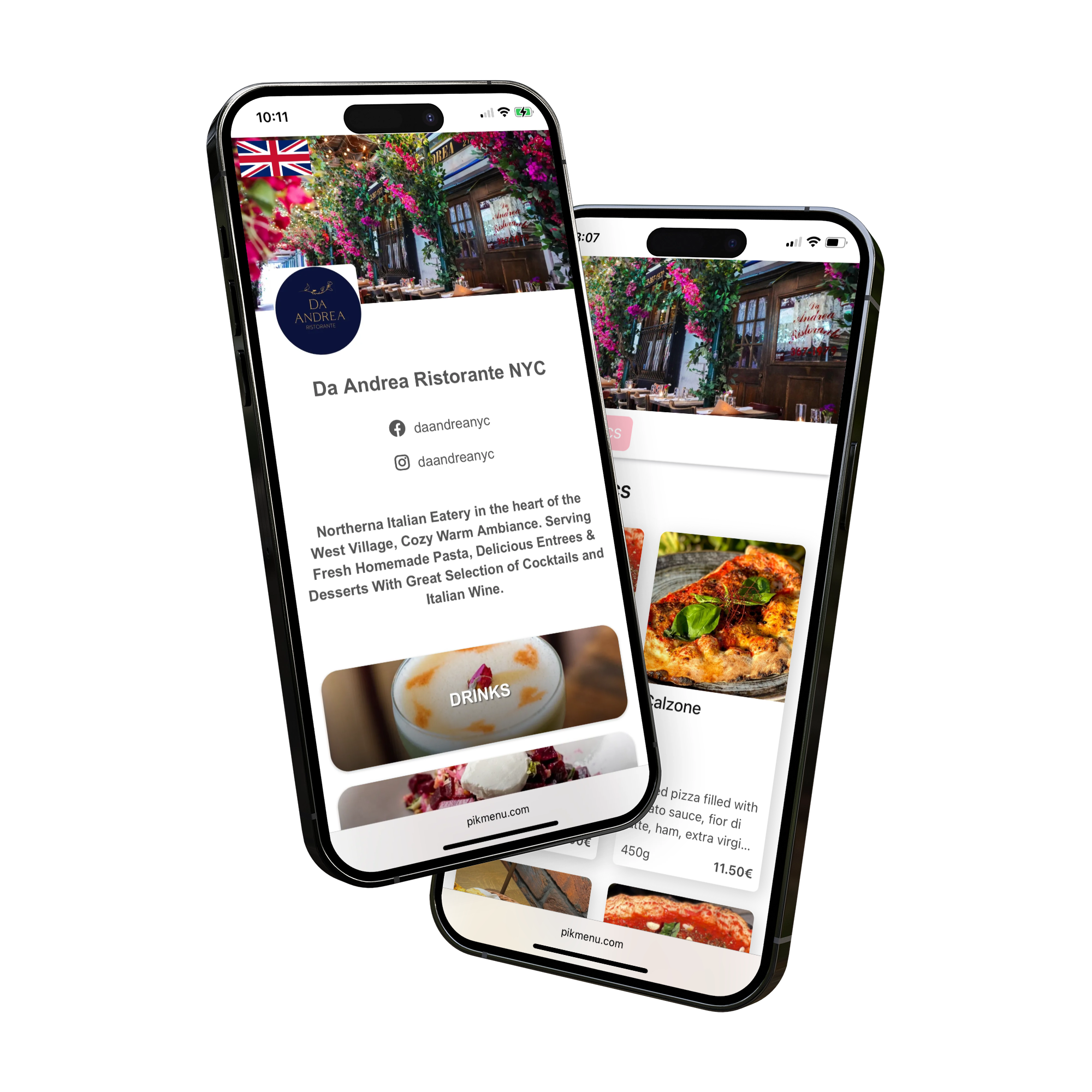 Mobile view of a digital QR menu app for Da Andrea Ristorante NYC, showing food categories and drink options on a smartphone.