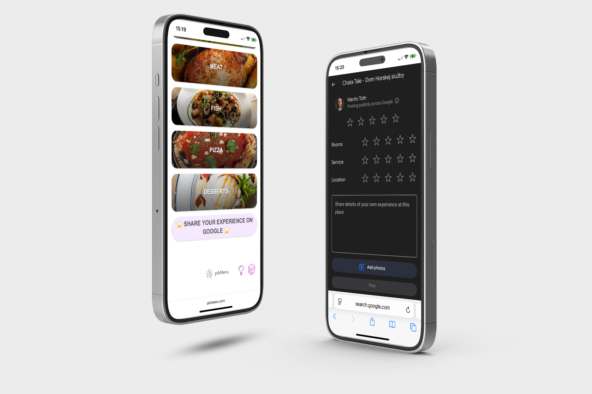 Smartphones displaying a digital menu with food categories and a prompt to share a Google review, demonstrating the pikMenu app's integration with customer feedback.