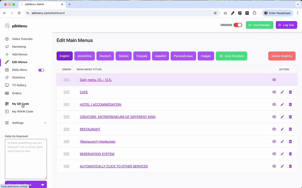 Admin dashboard of the pikMenu platform showing the "Edit Main Menus" section with menu titles in English and buttons to switch languages, auto-translate, or delete. A sidebar on the left provides access to various sections like Video Tutorials, Add Menus, Statistics, Orders, and QR Code tools.
