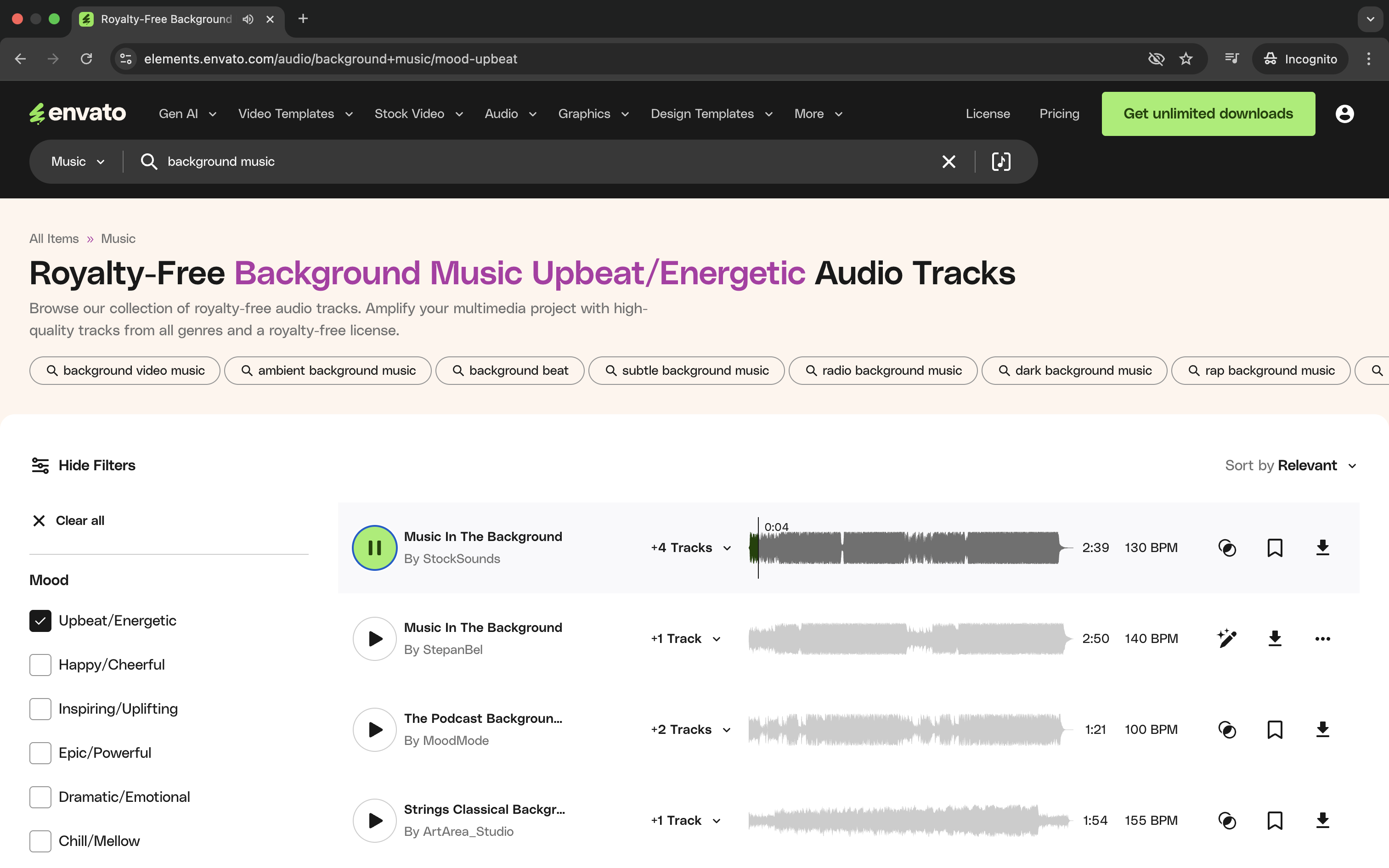 Envato Elements s výberom royalty-free hudby podľa nálady