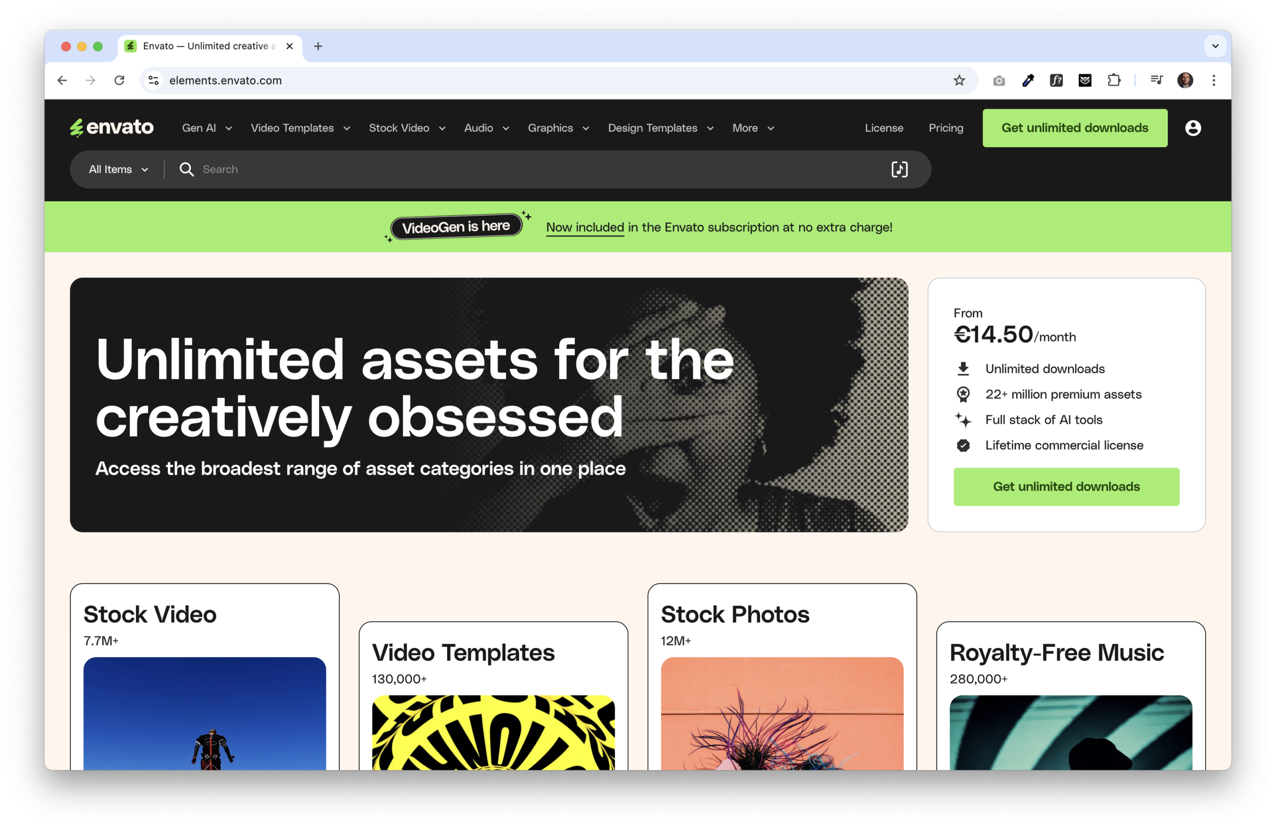 Envato Elements homepage showcasing unlimited downloads for creative assets including video, photo, and audio