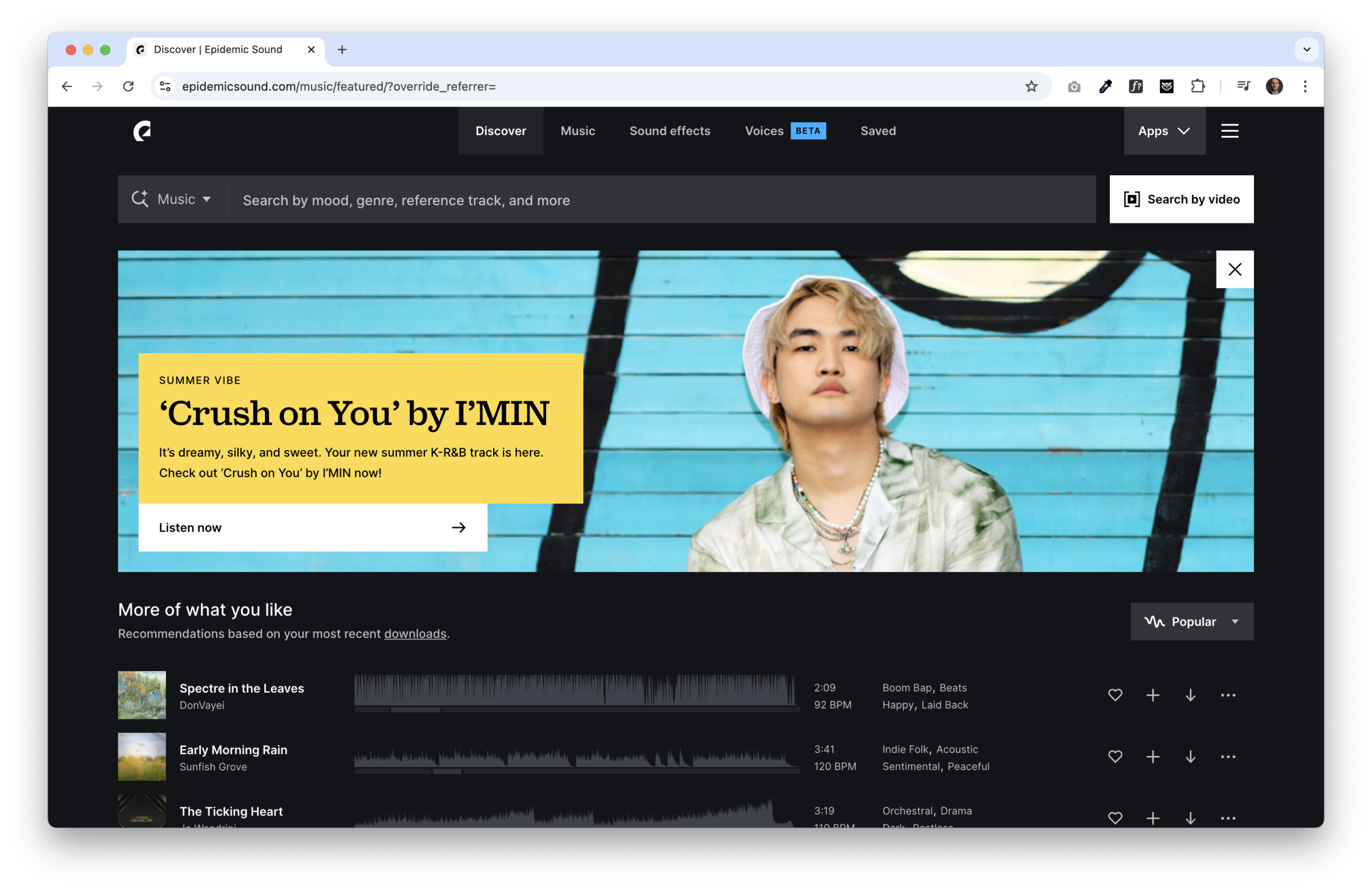 Epidemic Sound homepage showcasing curated royalty-free tracks for videos, social media, and branded content — one of the top marketing tools for restaurants creating engaging multimedia.