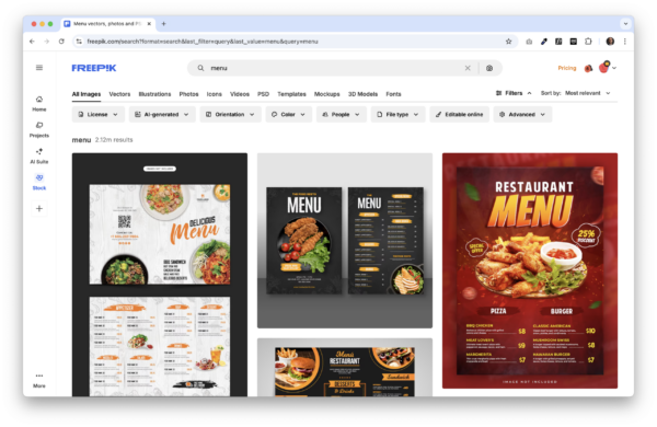 Freepik search results displaying restaurant menu templates with various food layouts and styles