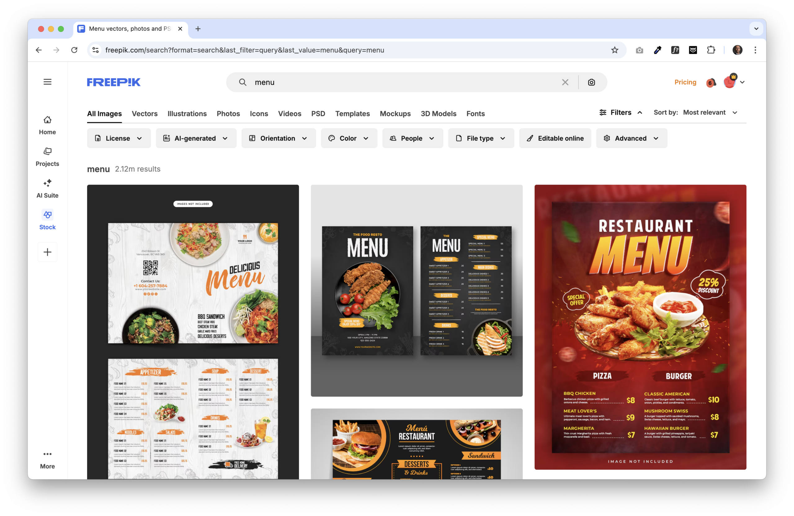 Freepik search results displaying restaurant menu templates with various food layouts and styles — ideal as marketing tools for restaurant branding and promotions.