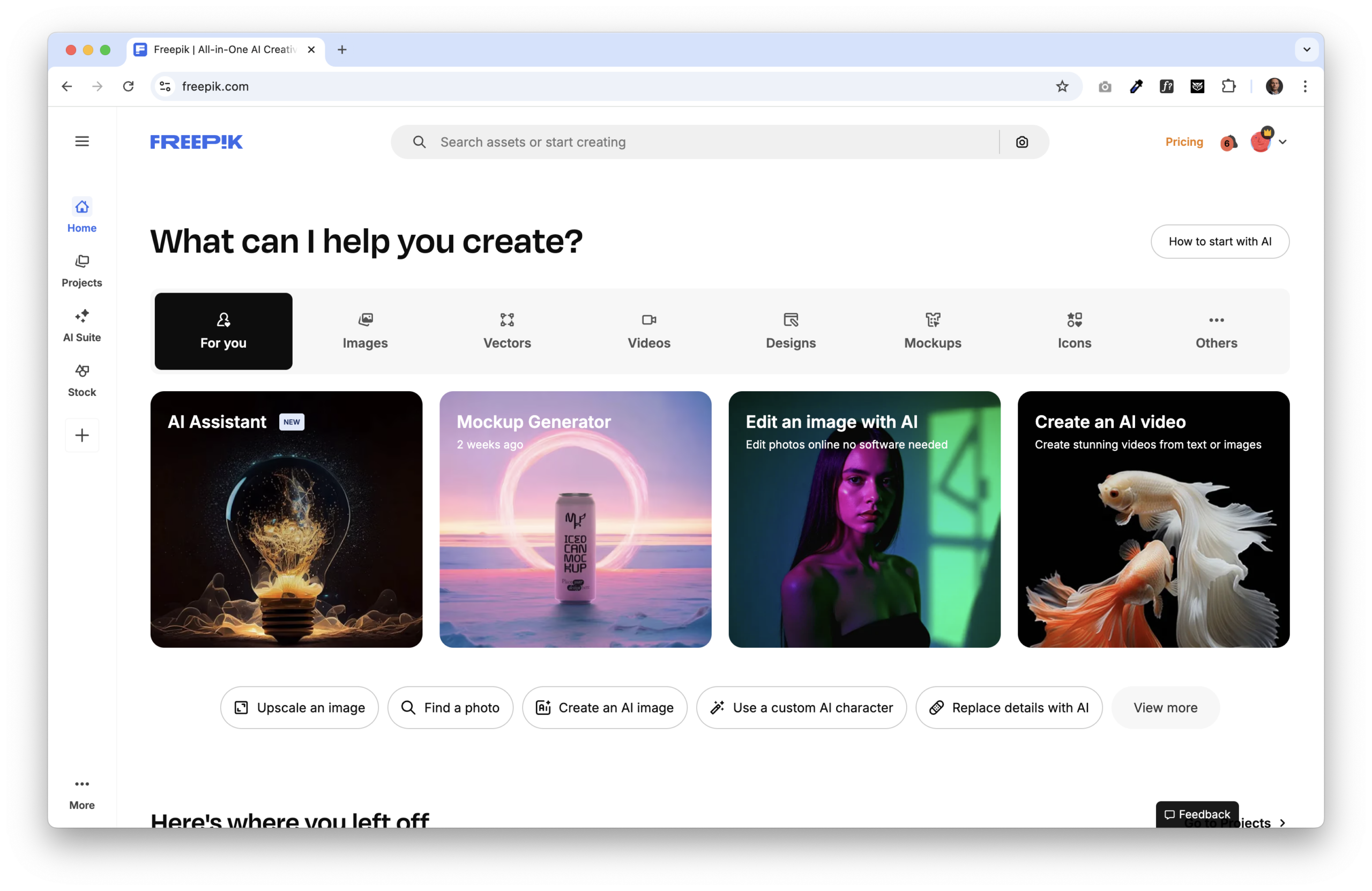 Freepik AI tools homepage showcasing content creation features like mockup generation, AI image editing, and video creation