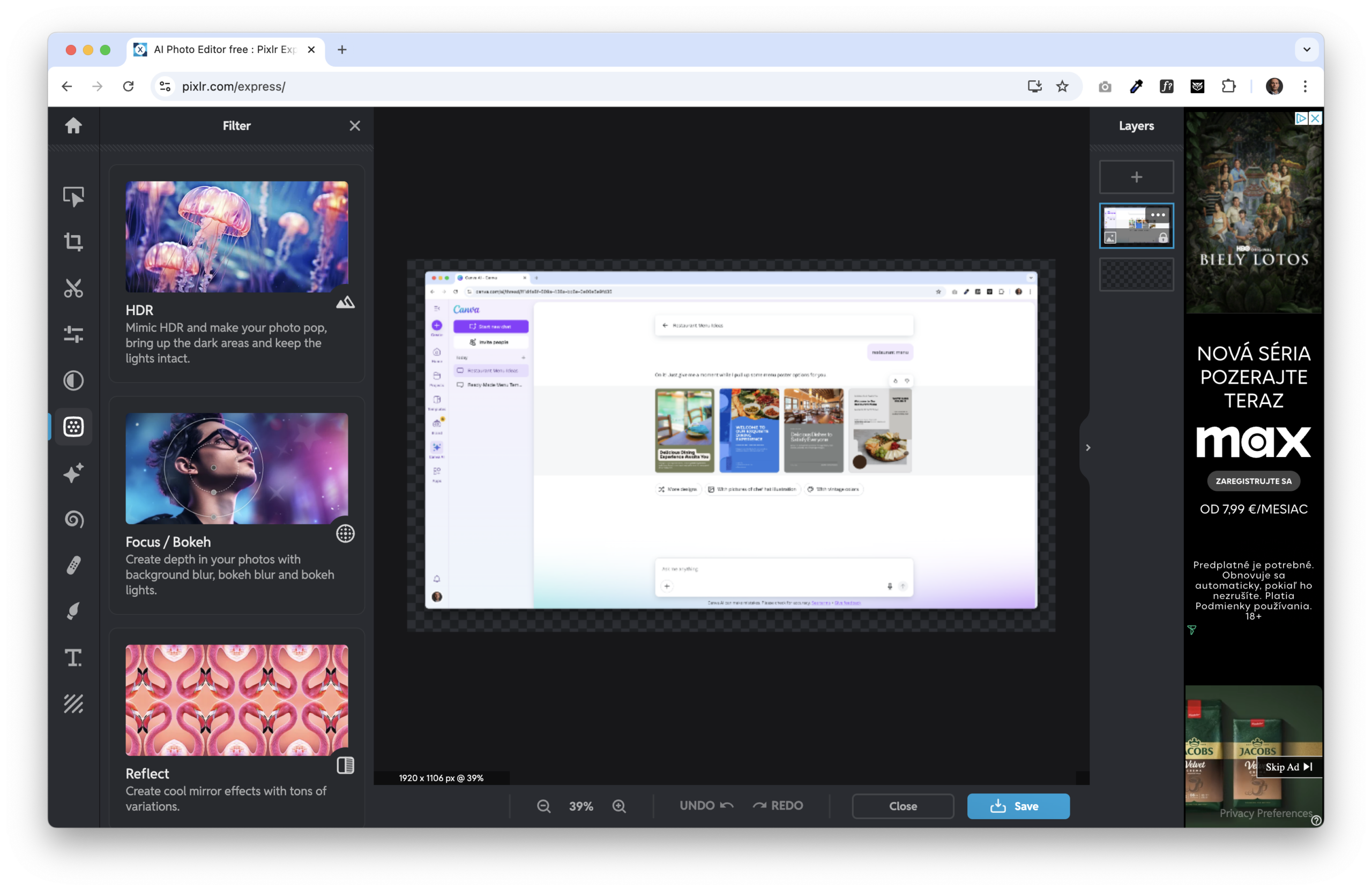 Pixlr Express interface showing photo editing tools and Canva project opened for editing
