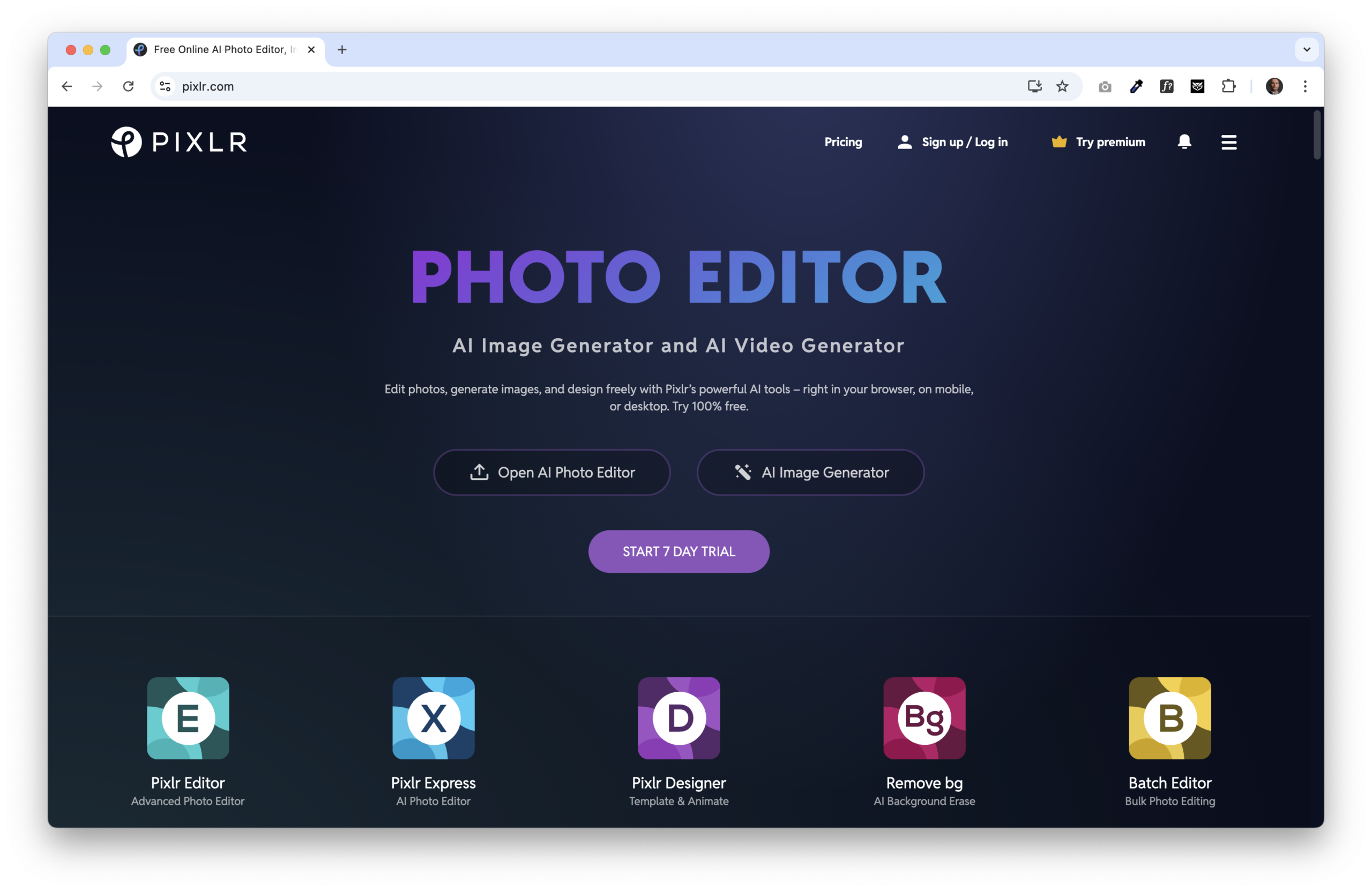 Pixlr homepage featuring AI photo editor, image generator, and background remover tools