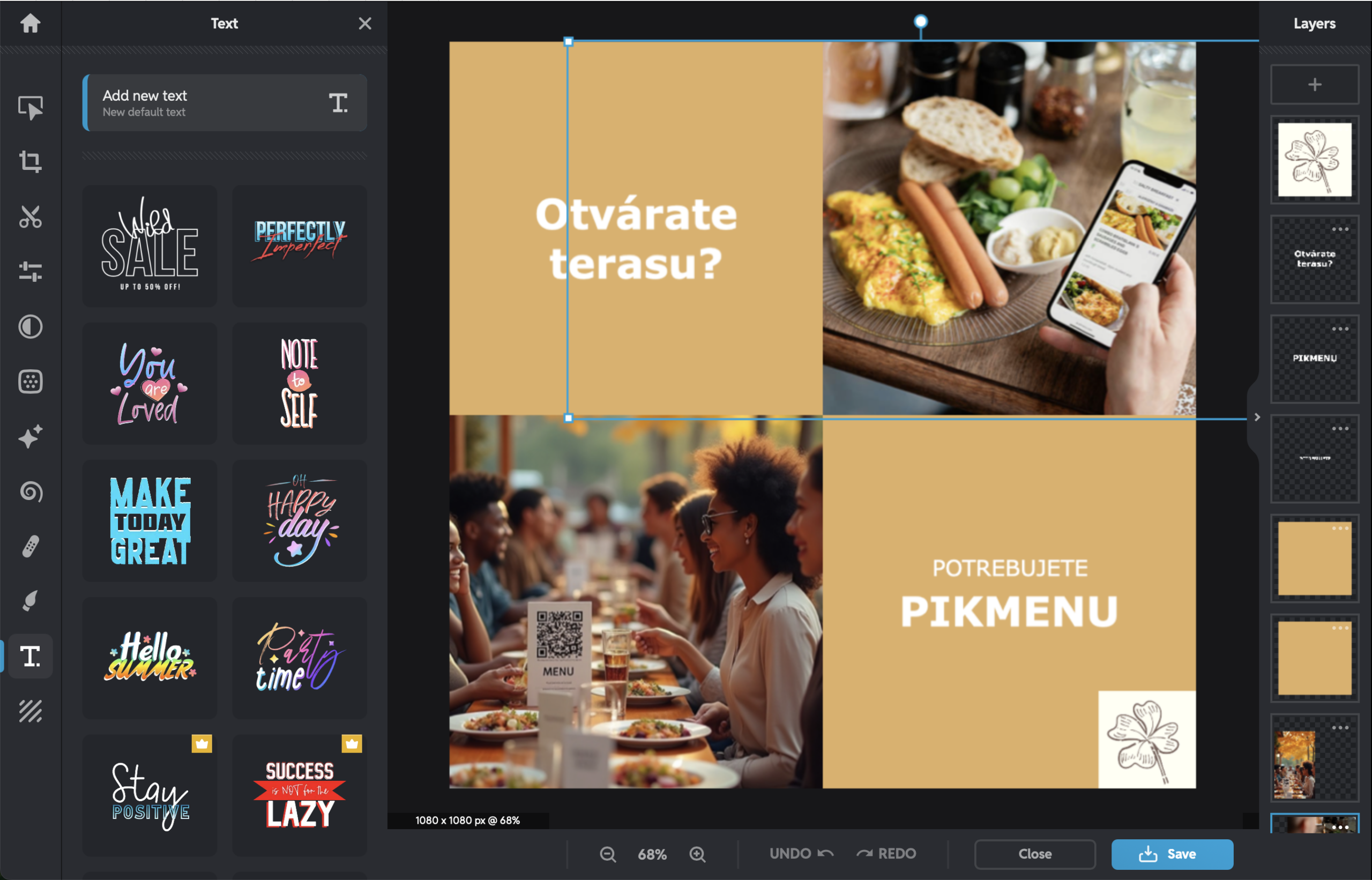 Pixlr editor so zobrazenými textovými šablónami a dizajnom pre QR menu PikMenu