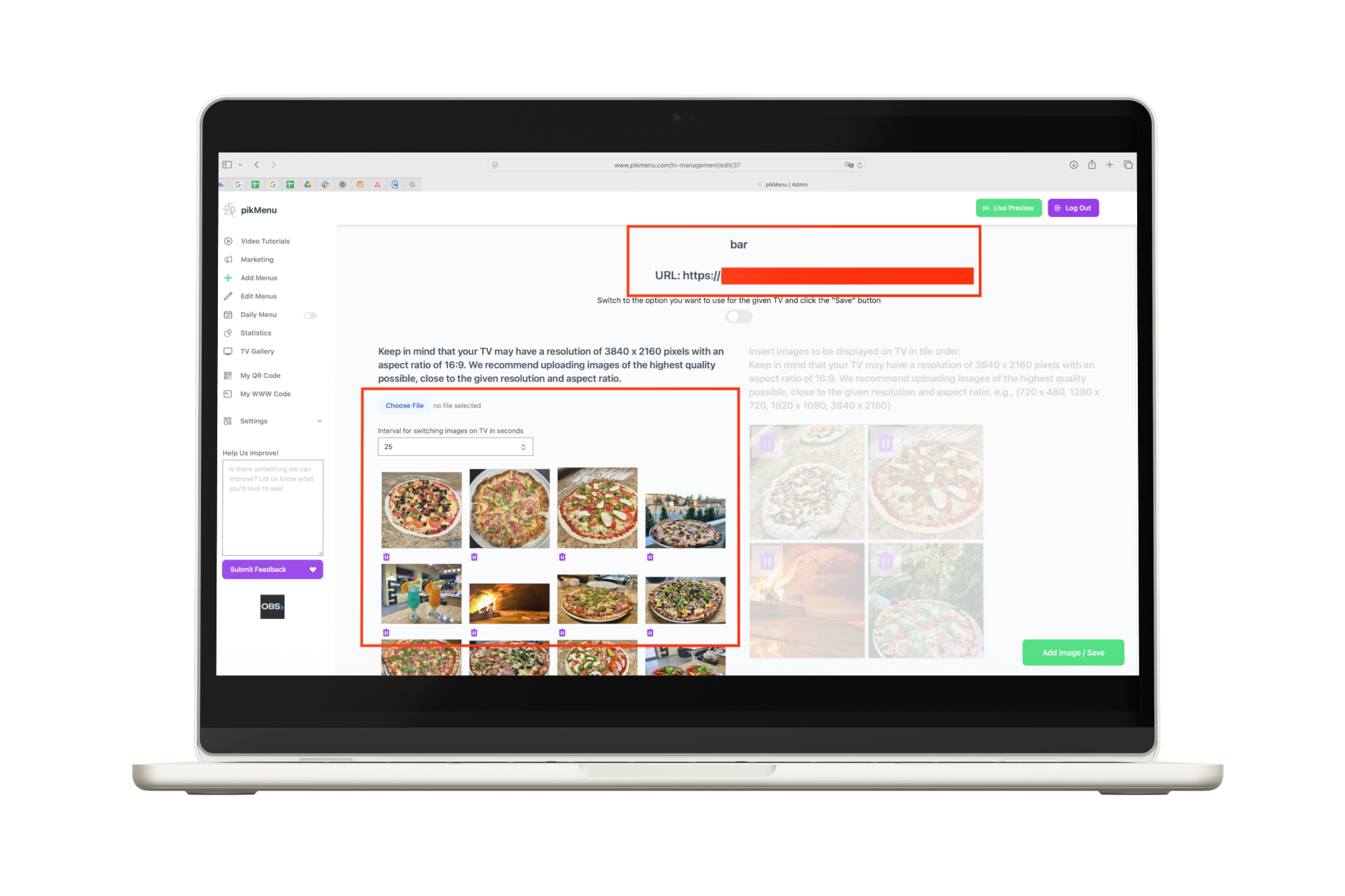 Admin panel for uploading food images to a digital TV gallery in pikMenu with URL preview and photo tiles visible