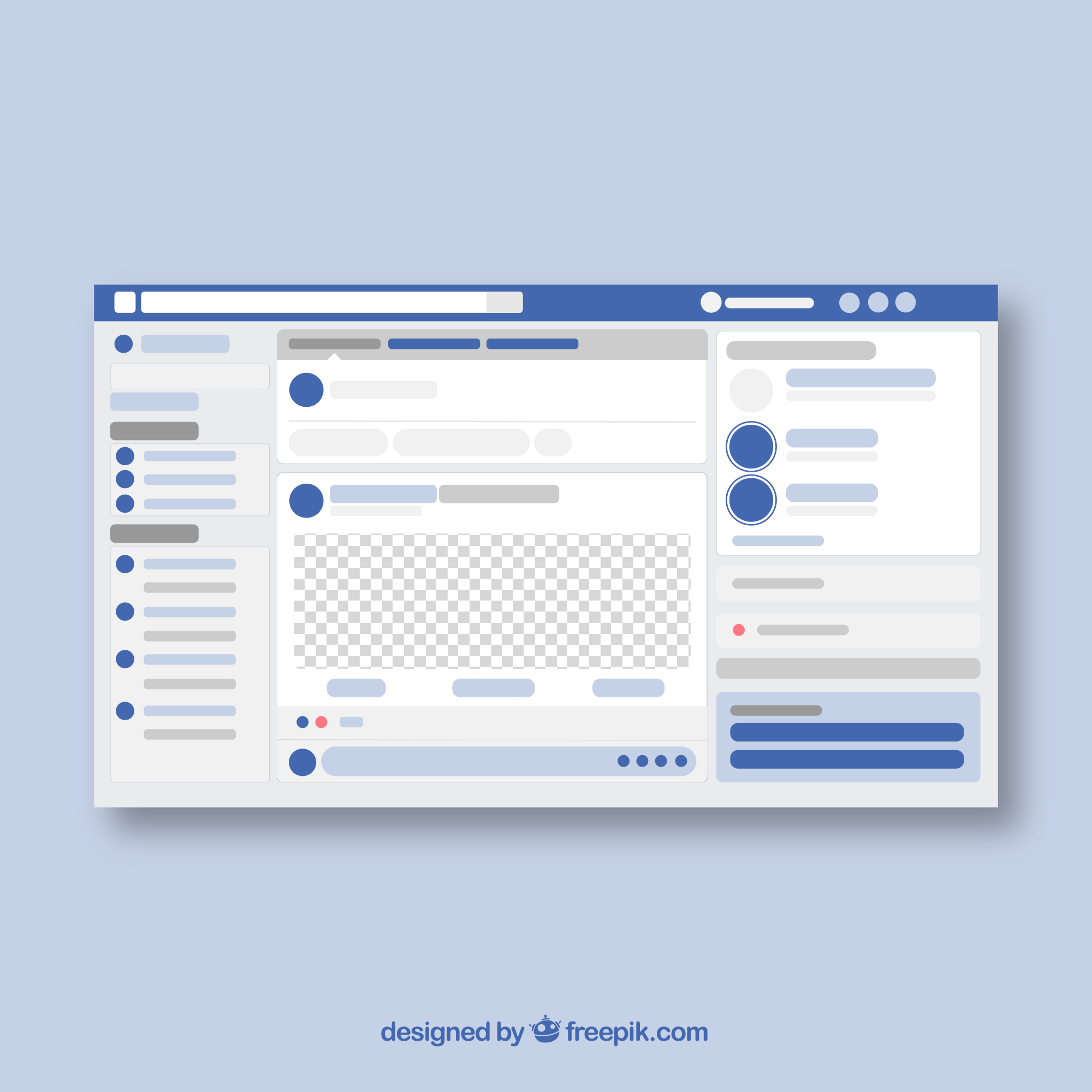 A minimalist, abstract wireframe design of a generic Facebook page layout, showing placeholder sections for profile, feed, sidebar, and interactions, on a light blue background.