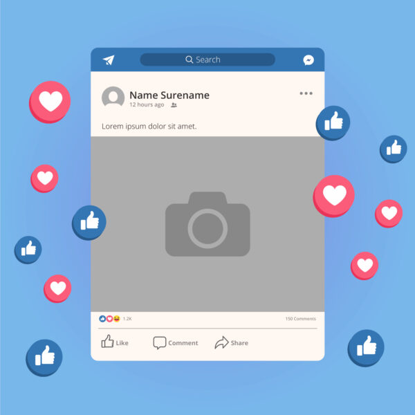 A graphic representation of a blank Facebook post template with a grey placeholder image, like, comment, and share buttons, surrounded by floating heart and thumbs-up reaction icons on a light blue background.