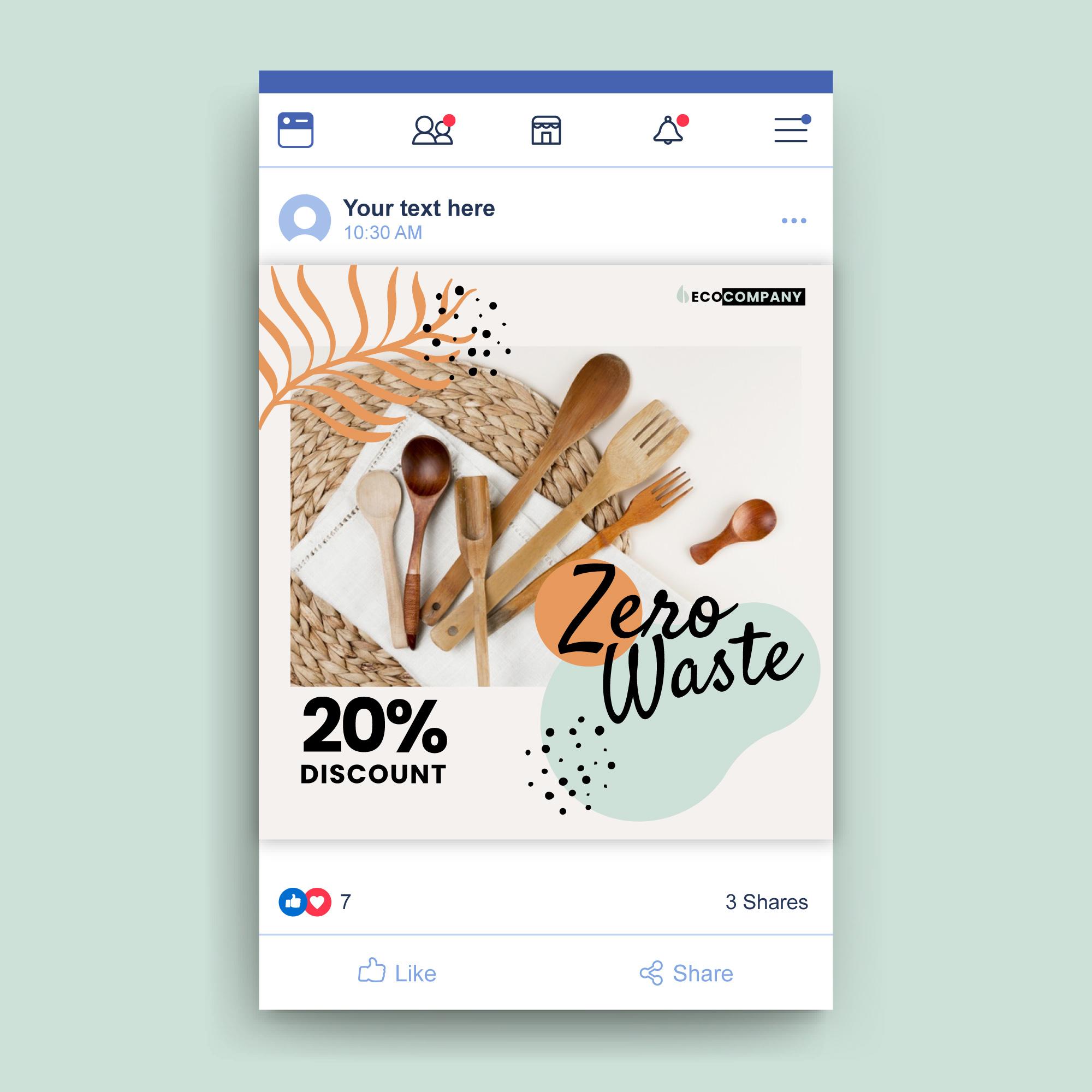 An example of Facebook Posts Ideas for Restaurants showing a "Zero Waste" promotion with a 20% discount on wooden utensils, set against natural textures and organic shapes, including a placeholder text and like/share buttons.