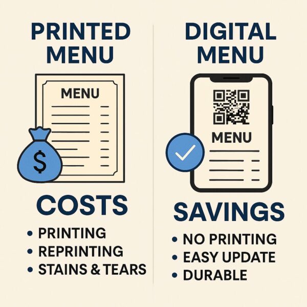 Comparison between printed menu and digital QR code menu showing cost vs. savings