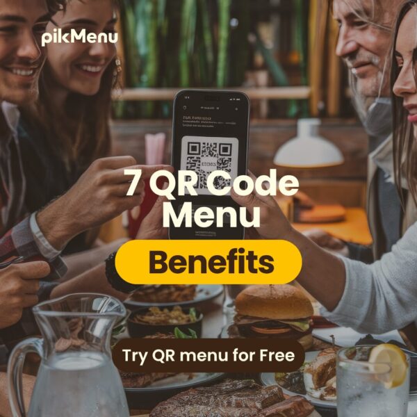 Group of friends in a restaurant scanning a QR code menu using a smartphone