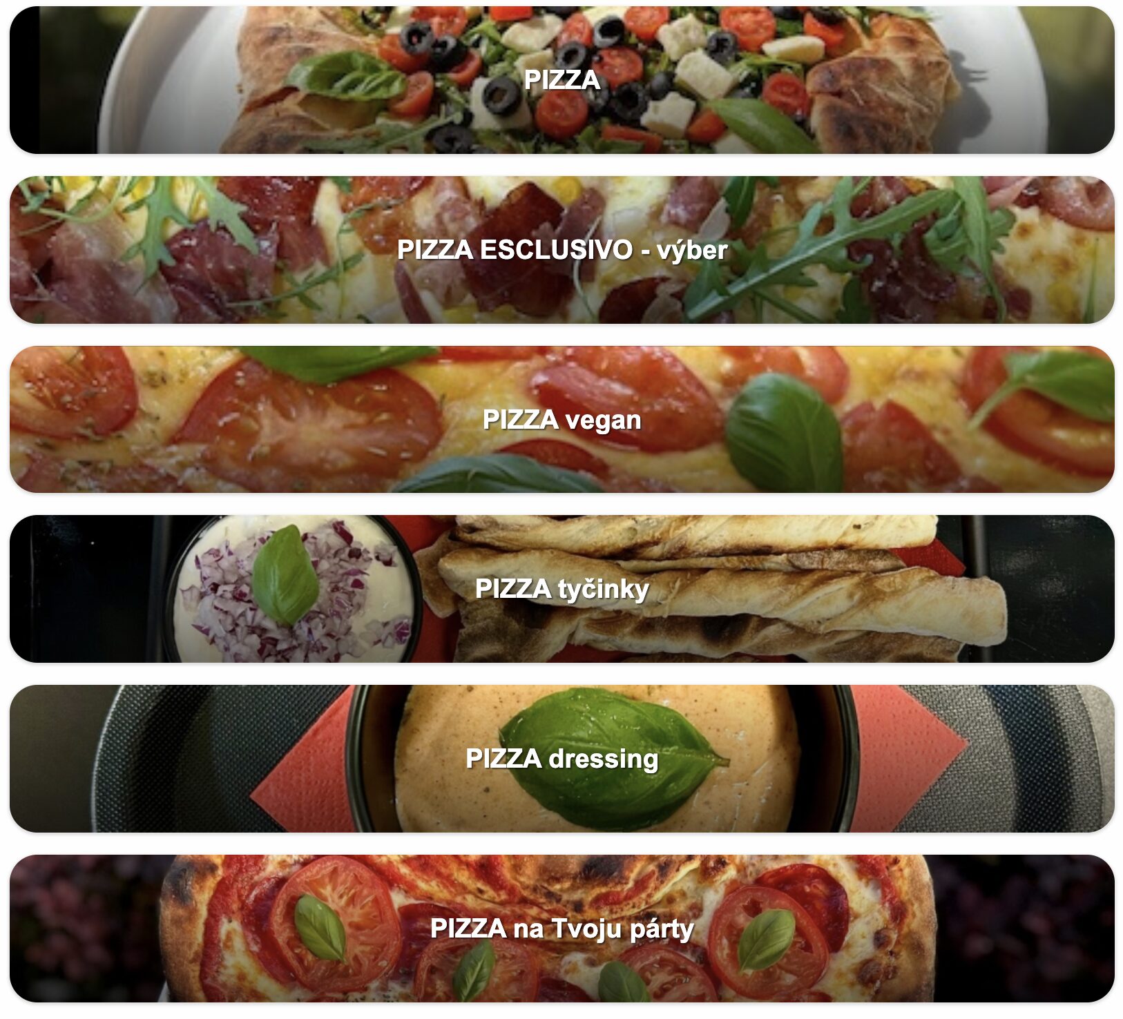 Hlavná ponuka pizzérie zobrazená cez QR menu. Súčasťou tlačidiel sú podkladové fotky zo skutočných jedál v prevádzke.
