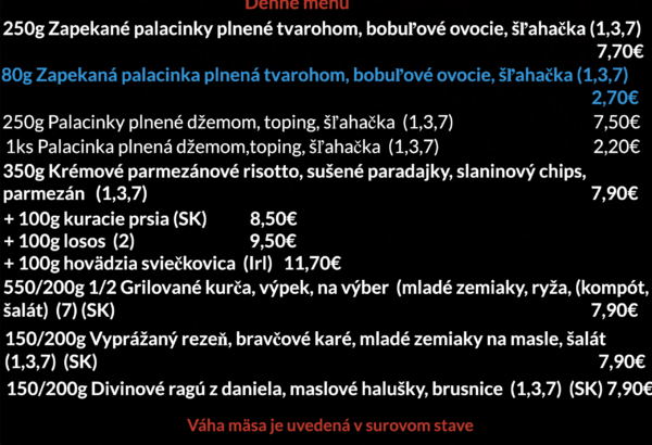 Obrázok denného menu - zobrazené texty na čiernej obrazovke.