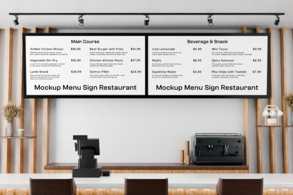 Modern digital menu displayed on a restaurant wall with food and drink options