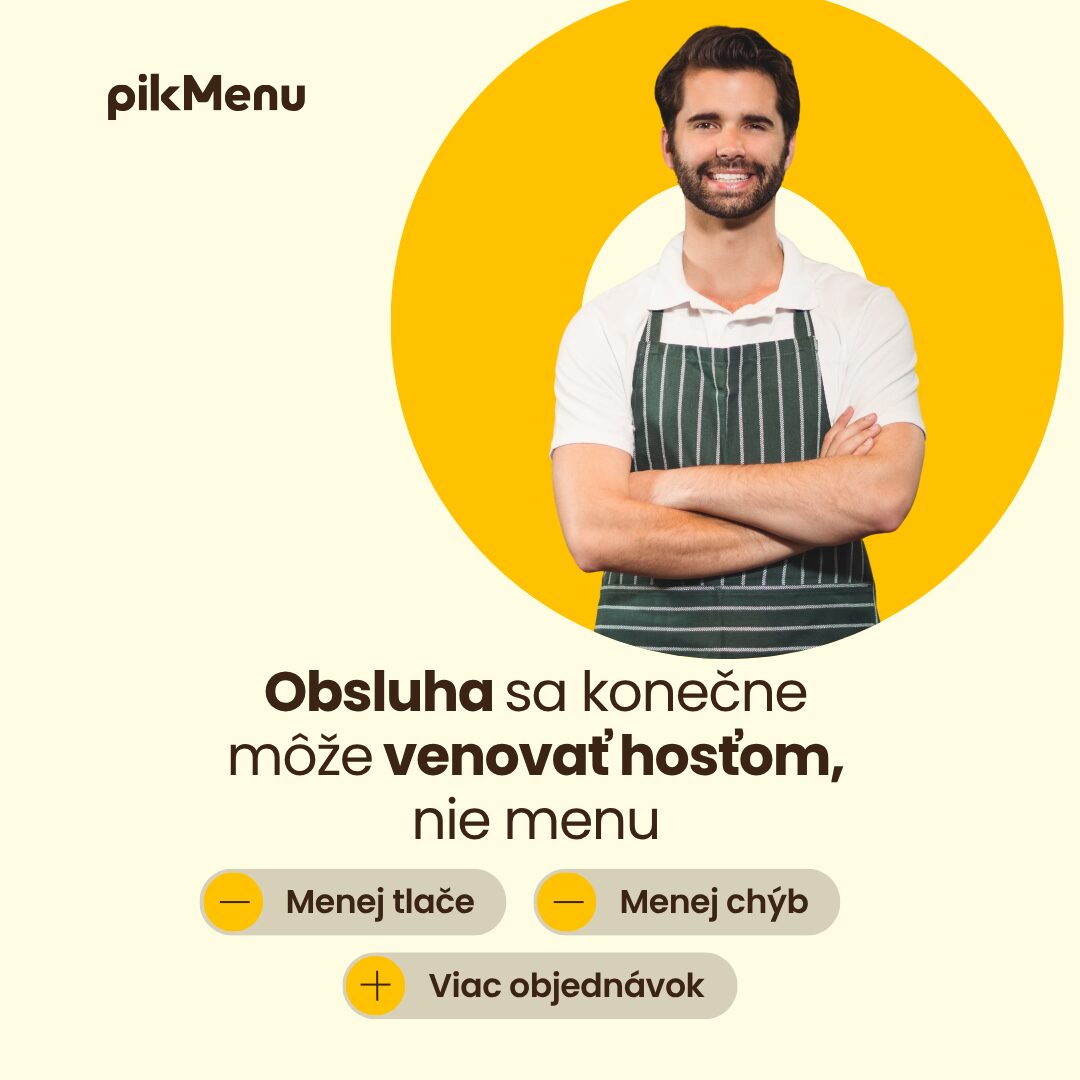 Usmiaty čašník v zástere na pozadí s textom o tom, že obsluha sa môže venovať hosťom vďaka QR menu od pikMenu. - skvelá výhoda QR menu.